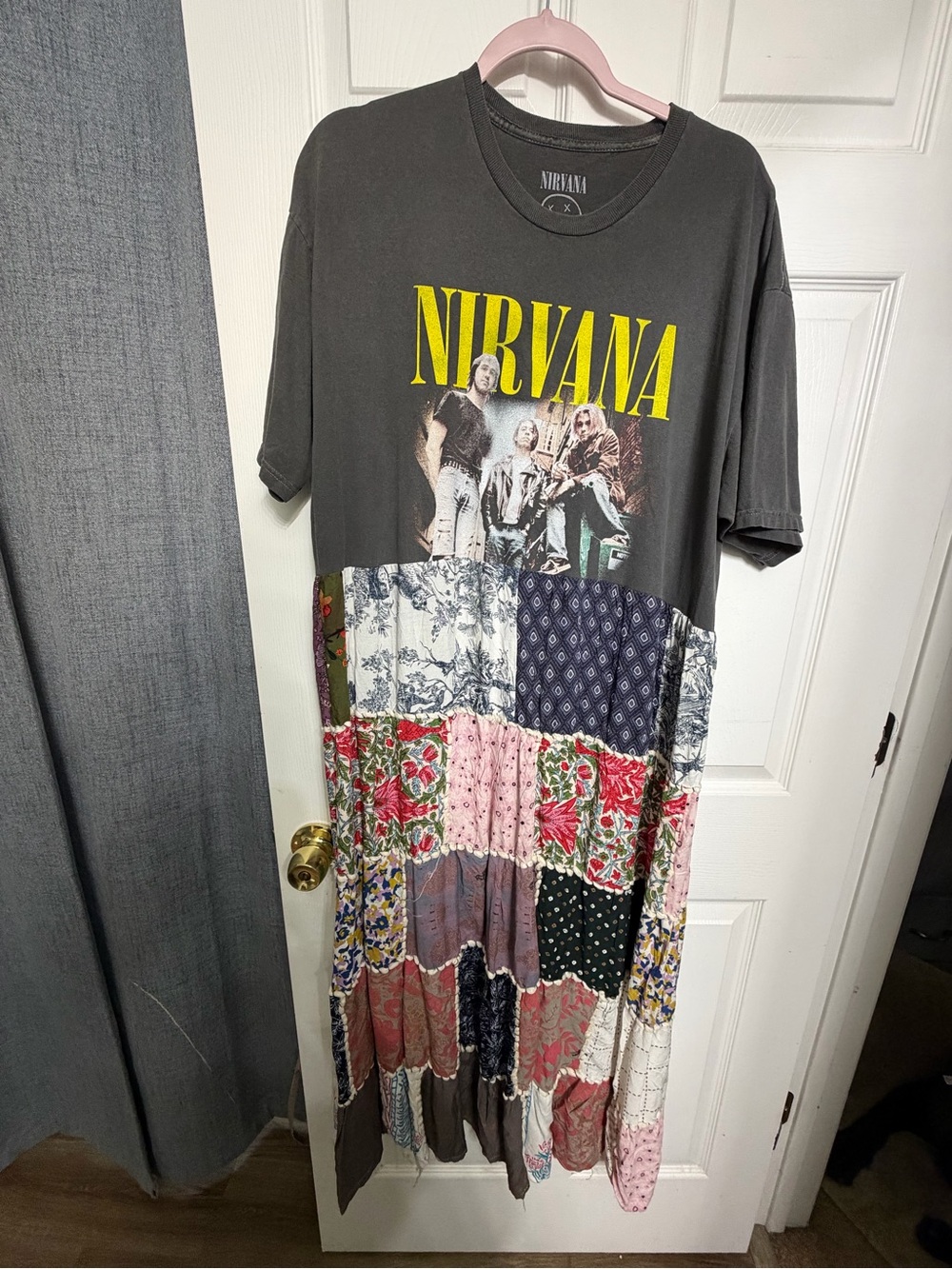 Handmade NIRVANA Black Tee with Yellow Logo & Patchwork dress